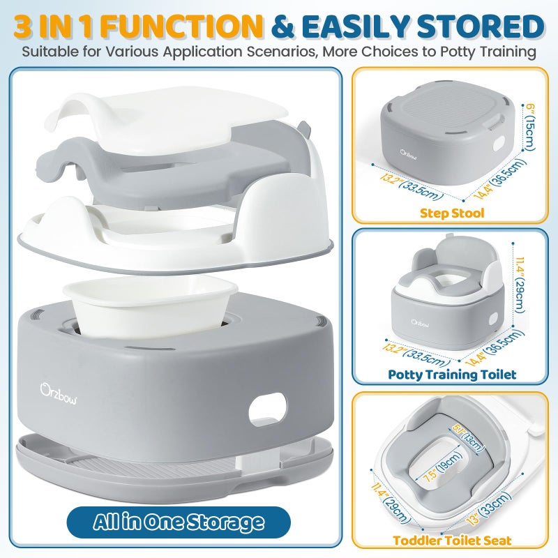 Orzbow 3-in-1 Toddler Potty Training Toilet | Baby Potty Chair, Toilet Topper Training Seat and Step Stool for Boys and Girls, Easy-to-Clean with Splash Guard and Lid, Grey - Image 2