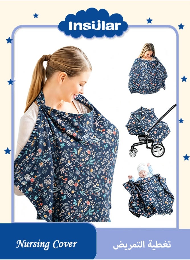 insular Nursing Cover, 100% Cotton Breastfeeding Cover with 360° Coverage & Rigid Hoop, Adjustable Neck Strap Nursing Apron, Breathable Breastfeeding Wrap for Public Privacy, Multi-Use Stroller & Car Seat Canopy, Floral 100×70cm - Image 1