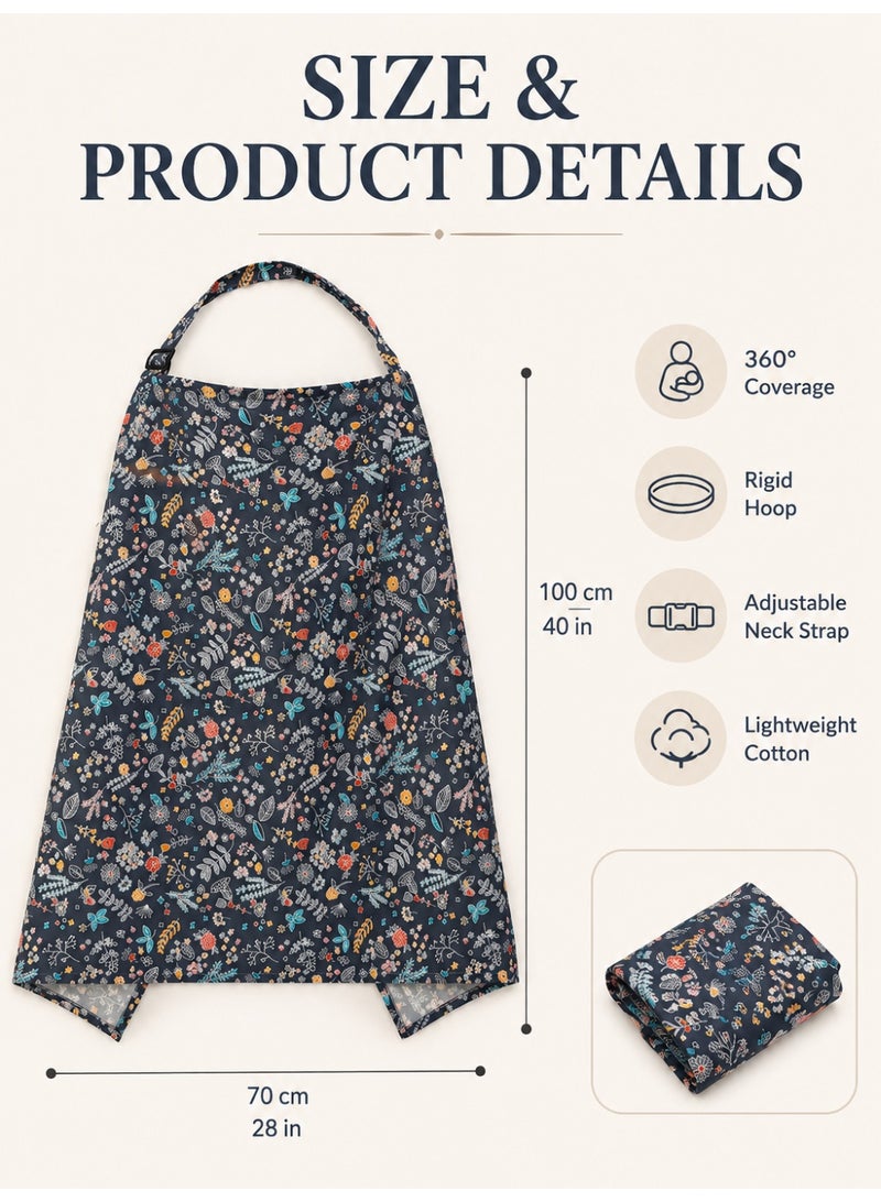 insular Nursing Cover, 100% Cotton Breastfeeding Cover with 360° Coverage & Rigid Hoop, Adjustable Neck Strap Nursing Apron, Breathable Breastfeeding Wrap for Public Privacy, Multi-Use Stroller & Car Seat Canopy, Floral 100×70cm - Image 3