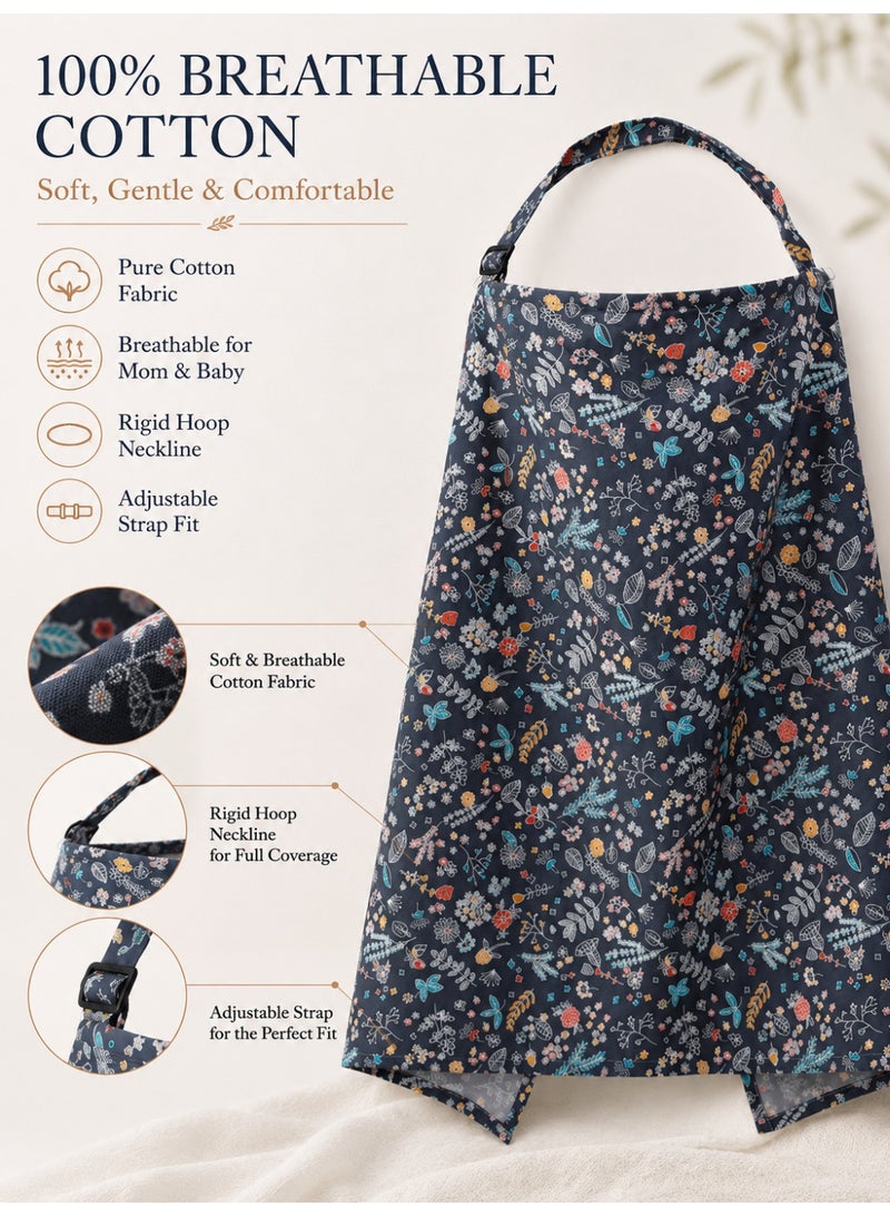 insular Nursing Cover, 100% Cotton Breastfeeding Cover with 360° Coverage & Rigid Hoop, Adjustable Neck Strap Nursing Apron, Breathable Breastfeeding Wrap for Public Privacy, Multi-Use Stroller & Car Seat Canopy, Floral 100×70cm - Image 4