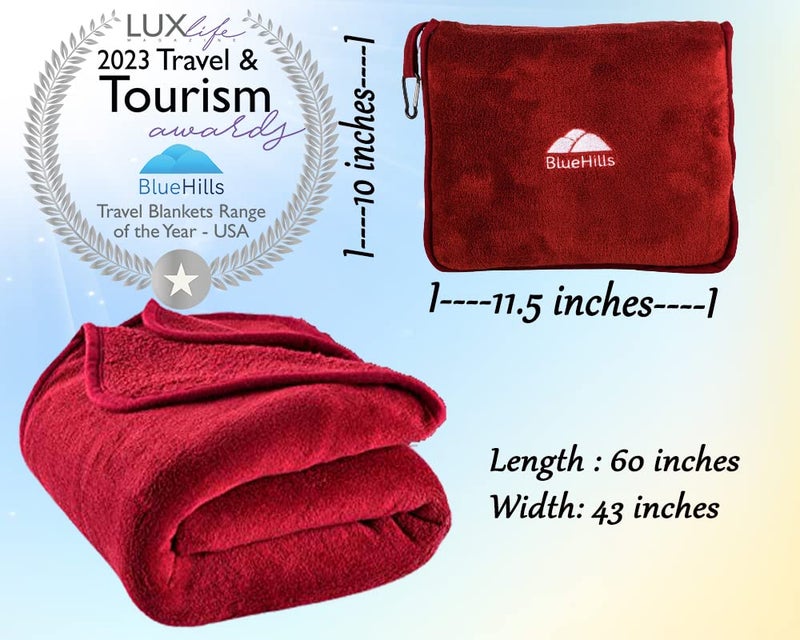 BlueHills BlueHills Premium Soft Travel Blanket Pillow Airplane Blanket Packed in Soft Bag Pillowcase with Hand Luggage Belt and Backpack Clip  Compact Pack Large Blanket for Any Travel (Red T001)  - Image 4