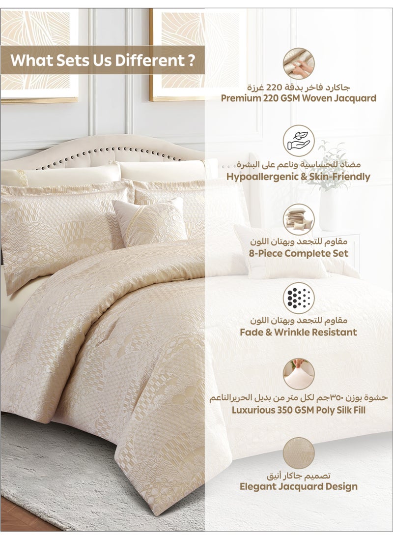 Premium King Size Comforter Set 8-Pcs, Elegant Jacquard Bedding Set with 350 GSM Poly Silk Fill, Soft & Luxurious All Season Bed Set