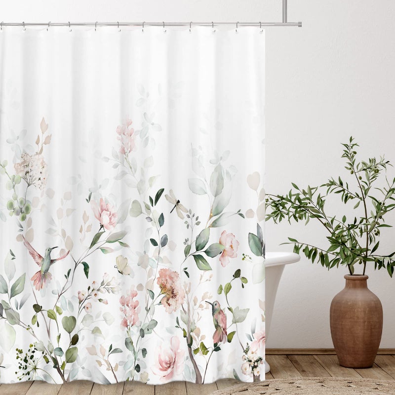 Tititex Aesthetic Blooming White Floral Shower Curtain Sets Watercolor Pink Flowers Birds Butterflies Tropical Bathroom Decorative 71 X 71 Inch Polyester Waterproof Fabric Bath Curtain with Hooks