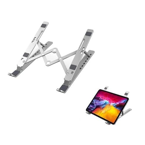 RIGJAK Aluminium Alloy Laptop Stand7 Angles Adjustable Tabletop Anti Slip Silicon Rubber Pads Foldable Velvet Pouch Silver  - Image 1