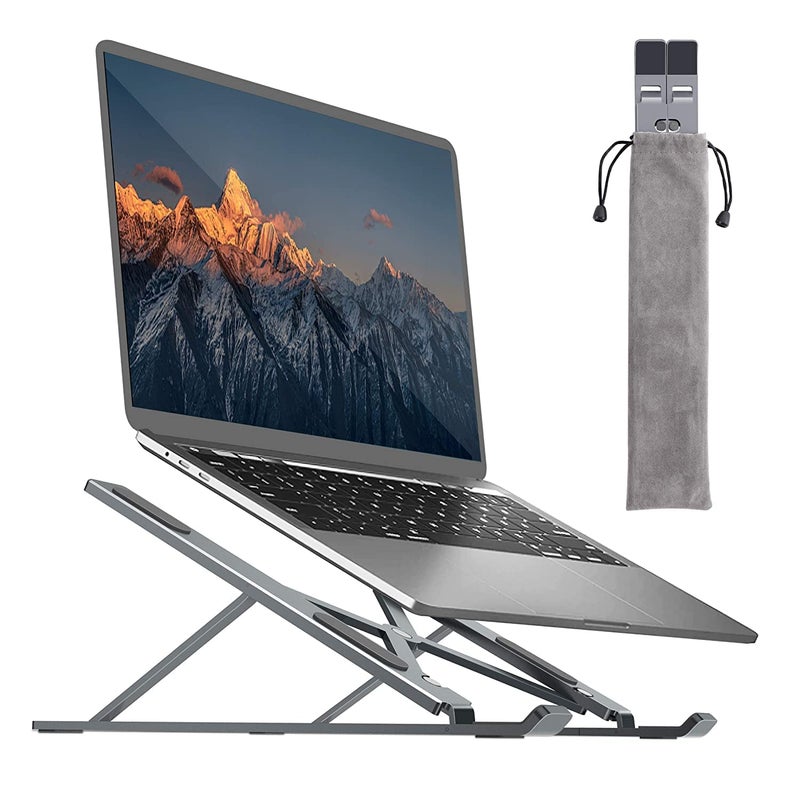 RIGJAK Aluminium Alloy Laptop Stand7 Angles Adjustable Tabletop Anti Slip Silicon Rubber Pads Foldable Velvet Pouch Silver  - Image 2