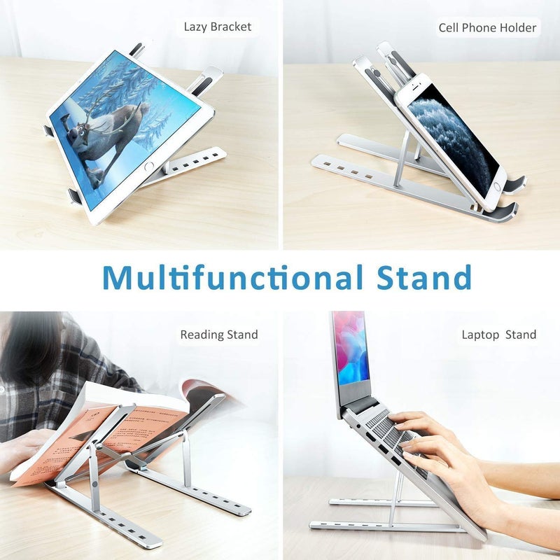 RIGJAK Aluminium Alloy Laptop Stand7 Angles Adjustable Tabletop Anti Slip Silicon Rubber Pads Foldable Velvet Pouch Silver  - Image 4