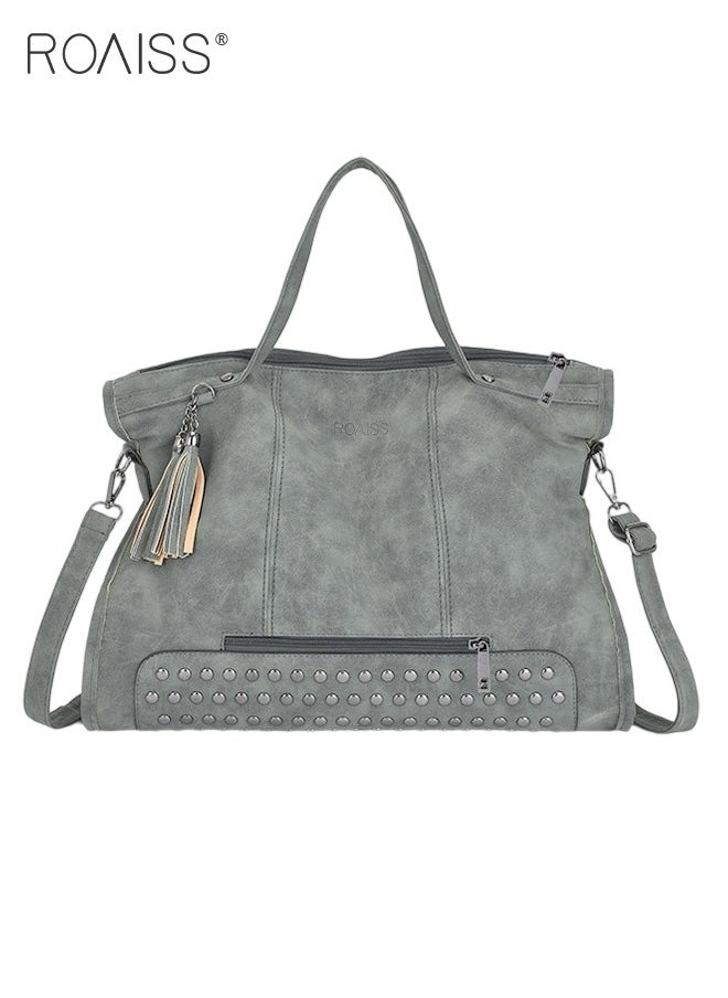 roaiss Large Capacity Tote Lot Handbag Travel Retro Rivet Tassel Crossbody Shoulder Bags with Long Strap for Women Green  - Image 1