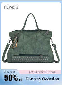 roaiss Large Capacity Tote Lot Handbag Travel Retro Rivet Tassel Crossbody Shoulder Bags with Long Strap for Women Green  - Image 1