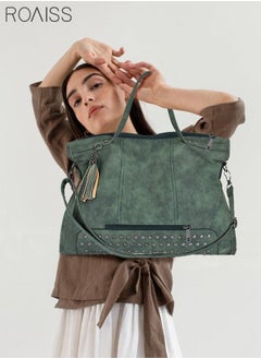 roaiss Large Capacity Tote Lot Handbag Travel Retro Rivet Tassel Crossbody Shoulder Bags with Long Strap for Women Green  - Image 2