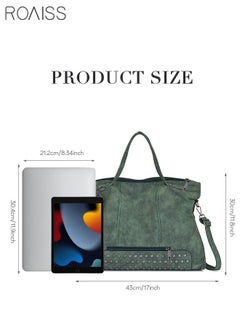 roaiss Large Capacity Tote Lot Handbag Travel Retro Rivet Tassel Crossbody Shoulder Bags with Long Strap for Women Green  - Image 5