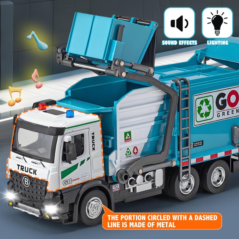HAPYAD AUTO-Lift Function Garbage Truck Toys Metal Cab, Trash Truck Toy Set with Lights and Sounds Includes 3 Dumpsters, Birthday Gift for Kids Boys Toddlers (Blue) - Image 4