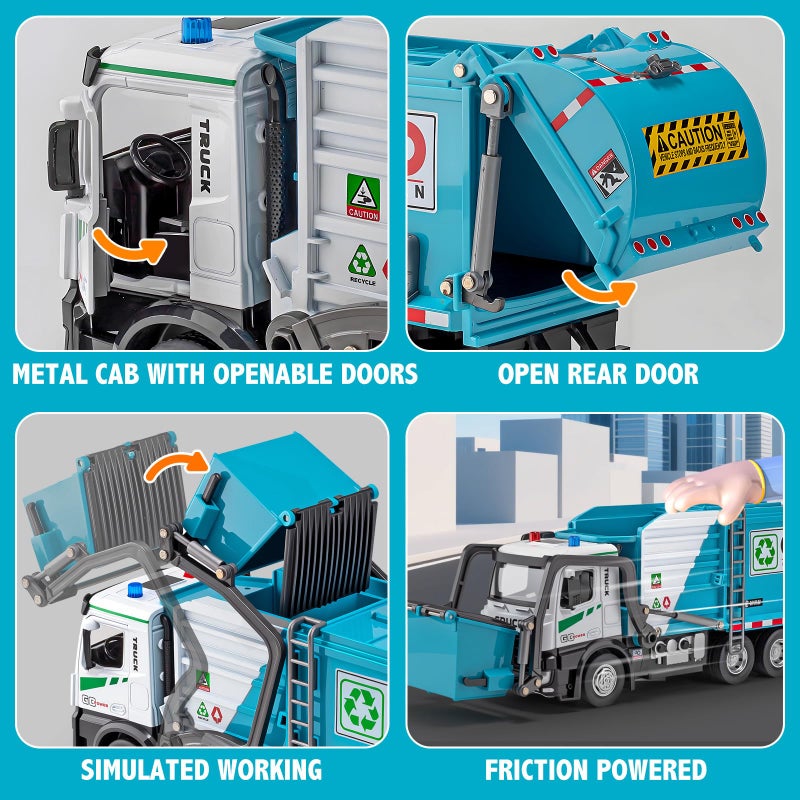 HAPYAD AUTO-Lift Function Garbage Truck Toys Metal Cab, Trash Truck Toy Set with Lights and Sounds Includes 3 Dumpsters, Birthday Gift for Kids Boys Toddlers (Blue) - Image 5