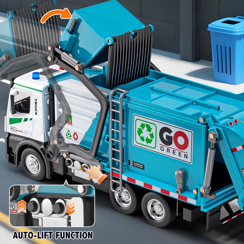 HAPYAD AUTO-Lift Function Garbage Truck Toys Metal Cab, Trash Truck Toy Set with Lights and Sounds Includes 3 Dumpsters, Birthday Gift for Kids Boys Toddlers (Blue) - Image 3