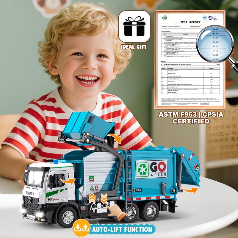 HAPYAD AUTO-Lift Function Garbage Truck Toys Metal Cab, Trash Truck Toy Set with Lights and Sounds Includes 3 Dumpsters, Birthday Gift for Kids Boys Toddlers (Blue) - Image 2