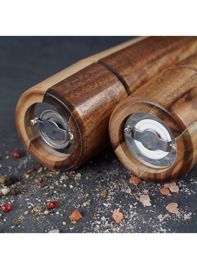 DeroTeno Salt and Pepper Mill Set with Tray, Adjustable Ceramic Grinder Salt Mill, Stainless Steel Grinder Pepper Mill, Acacia Wood, 22 cm/ 8 Inch Height, Bottom Dia 5.5 cm (Tray is Included) 