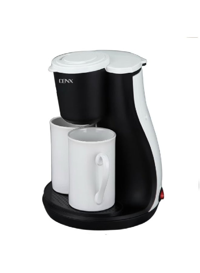 Dinex DENX DX3414 Mini Drip Coffee Maker – 450W Portable Electric Single/Double Cup Coffee & Tea Machine, 240ml Capacity, Permanent High-Density Filter, Includes 2 Porcelain Cups, Compact for Home & Office - Image 1