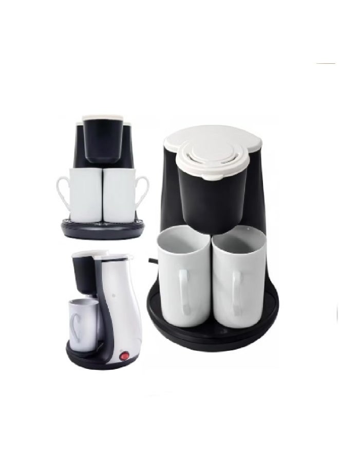 Dinex DENX DX3414 Mini Drip Coffee Maker – 450W Portable Electric Single/Double Cup Coffee & Tea Machine, 240ml Capacity, Permanent High-Density Filter, Includes 2 Porcelain Cups, Compact for Home & Office - Image 2