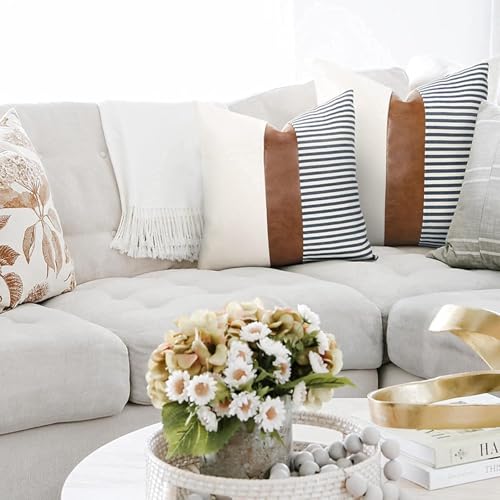 TOMWISH Decorative Throw Pillowcovers 18X18 Set of 2 Modern White and Navy Blue Striped Brown Artificial Leather Linen Patchwork Cushion Cover for Bed Bedroom Sofa - Image 4