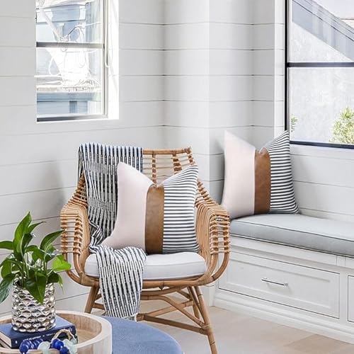 TOMWISH Decorative Throw Pillowcovers 18X18 Set of 2 Modern White and Navy Blue Striped Brown Artificial Leather Linen Patchwork Cushion Cover for Bed Bedroom Sofa - Image 3
