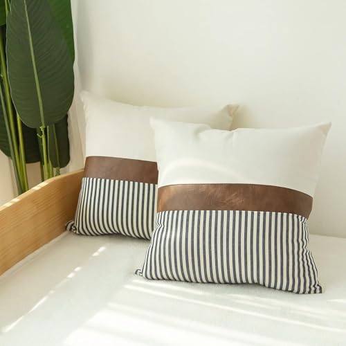 TOMWISH Decorative Throw Pillowcovers 18X18 Set of 2 Modern White and Navy Blue Striped Brown Artificial Leather Linen Patchwork Cushion Cover for Bed Bedroom Sofa - Image 5