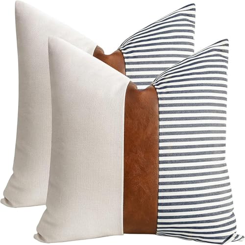TOMWISH Decorative Throw Pillowcovers 18X18 Set of 2 Modern White and Navy Blue Striped Brown Artificial Leather Linen Patchwork Cushion Cover for Bed Bedroom Sofa - Image 1
