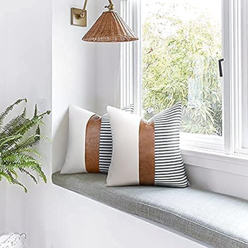TOMWISH Decorative Throw Pillowcovers 18X18 Set of 2 Modern White and Navy Blue Striped Brown Artificial Leather Linen Patchwork Cushion Cover for Bed Bedroom Sofa - Image 2