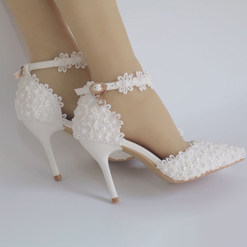 1 Pair of Toe Shoes Lace Shoes Bride Wedding Dress Shoes (White) - Image 4