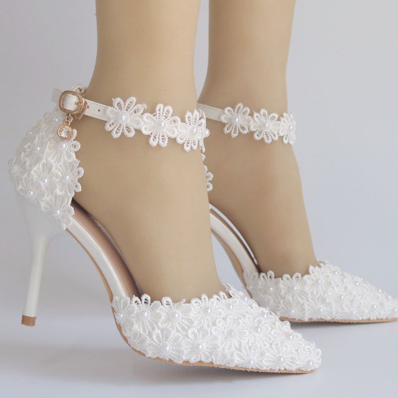1 Pair of Toe Shoes Lace Shoes Bride Wedding Dress Shoes (White) - Image 3