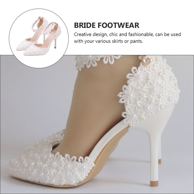 1 Pair of Toe Shoes Lace Shoes Bride Wedding Dress Shoes (White) - Image 5