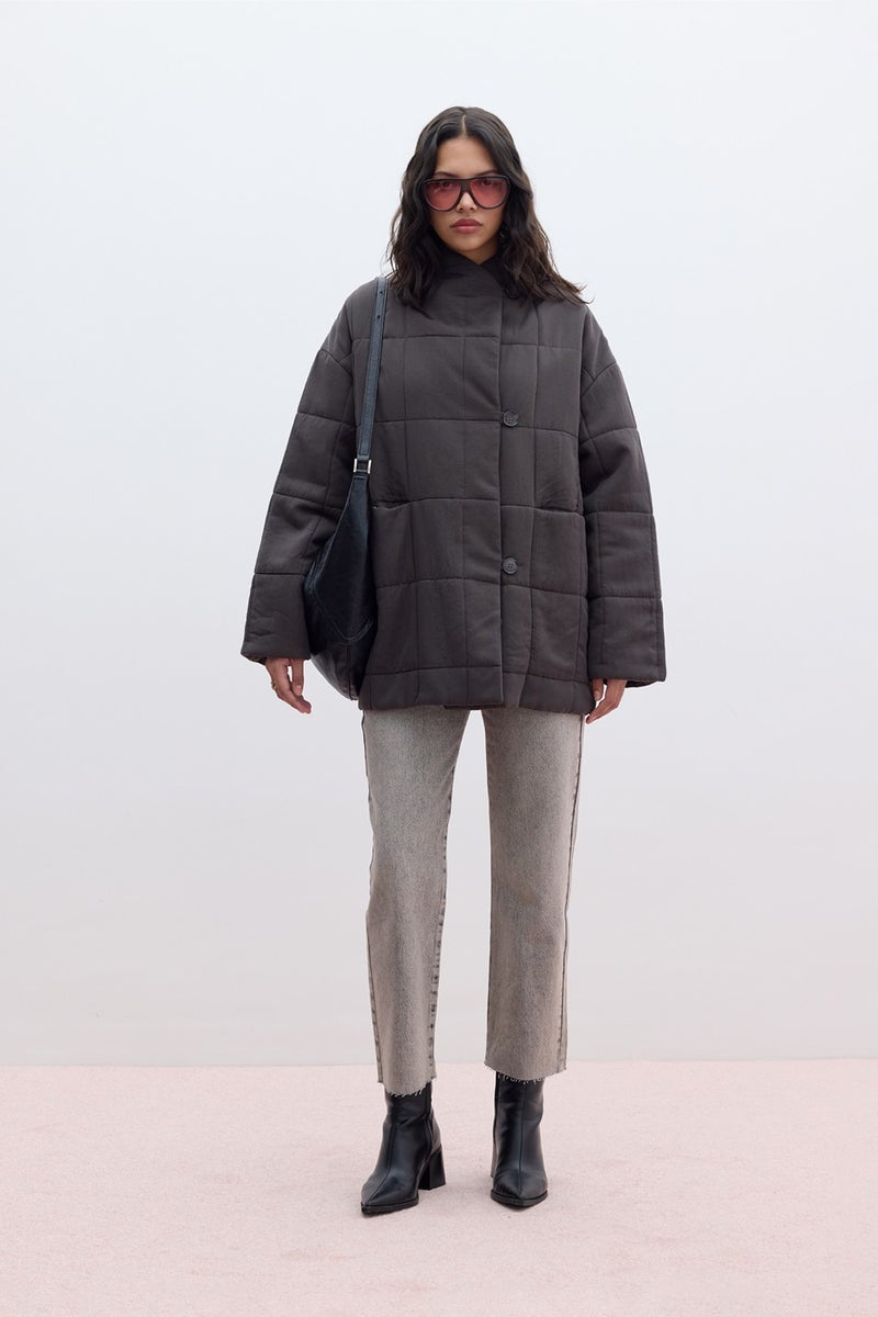 Manuka High Collar Quilted Coat Anthracite  - Image 1
