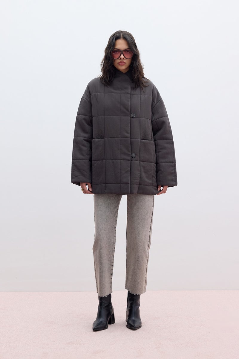 Manuka High Collar Quilted Coat Anthracite  - Image 3
