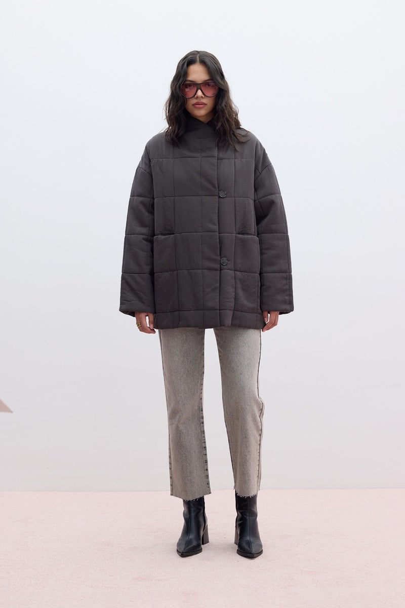 Manuka High Collar Quilted Coat Anthracite  - Image 2