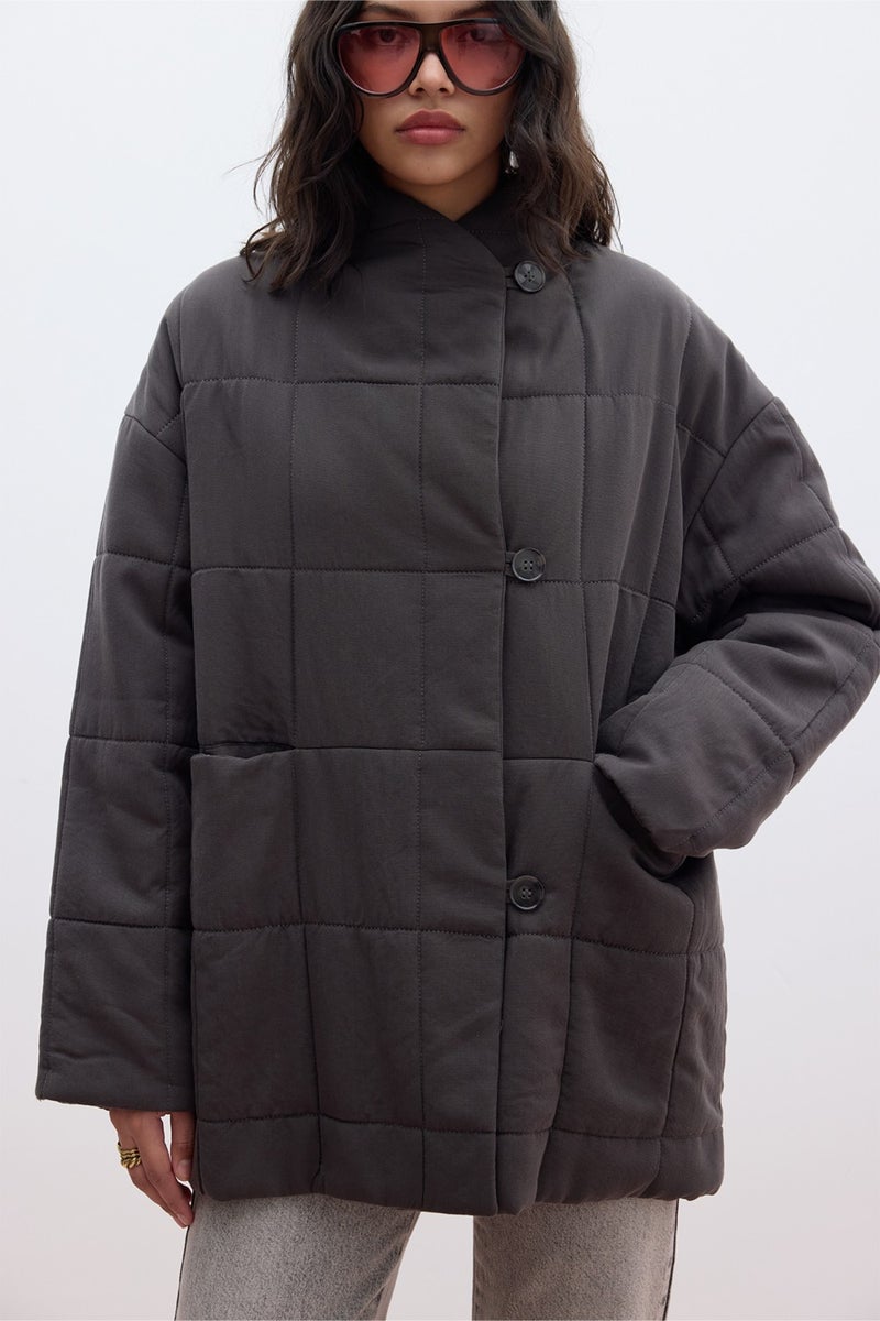 Manuka High Collar Quilted Coat Anthracite  - Image 4