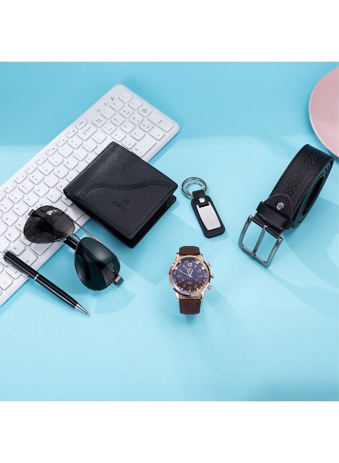 JESOU 6-in-1 Deluxe Gift Set: Sunglasses, Belt, Wallet, Keychain, Signature Pen, and Large Dial Quartz Watch - Image 2
