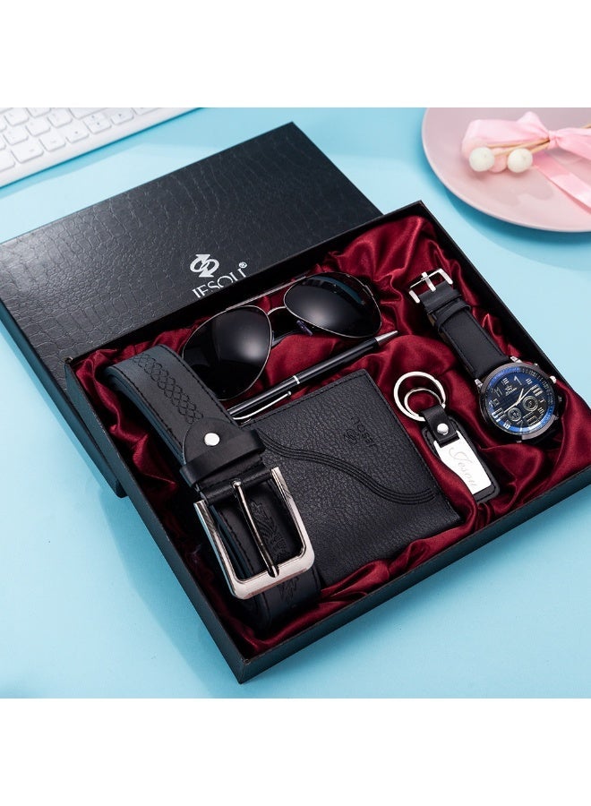 JESOU 6-in-1 Deluxe Gift Set: Sunglasses, Belt, Wallet, Keychain, Signature Pen, and Large Dial Quartz Watch - Image 1