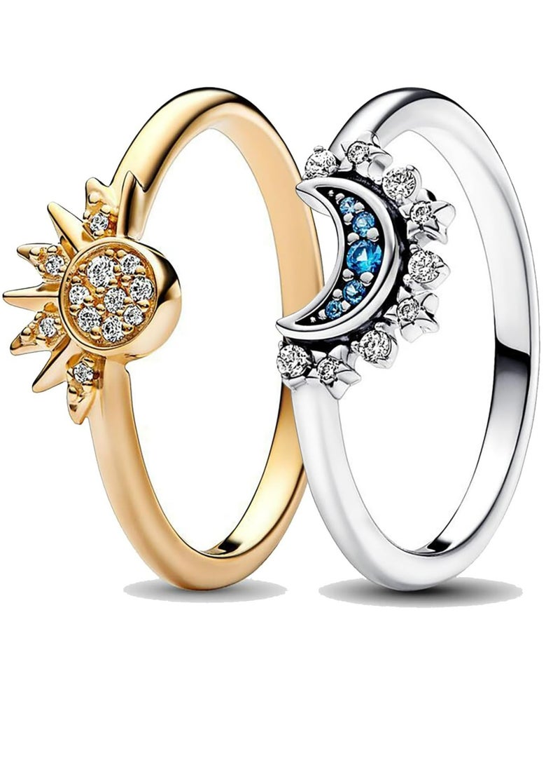 أوزيغالور مجموعة خاتم الشمس والقمر للنساء مغلفة بذهب/فضة 14K حلقات قابلة للتكديس معدلة حلقات السماء والقمر الصداقة والالتزام هدايا للنساء - Image 1