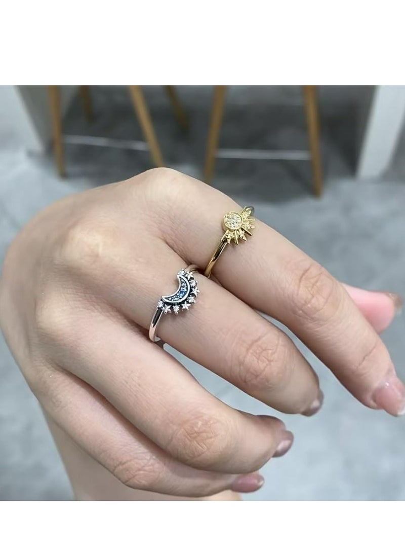 أوزيغالور مجموعة خاتم الشمس والقمر للنساء مغلفة بذهب/فضة 14K حلقات قابلة للتكديس معدلة حلقات السماء والقمر الصداقة والالتزام هدايا للنساء - Image 4