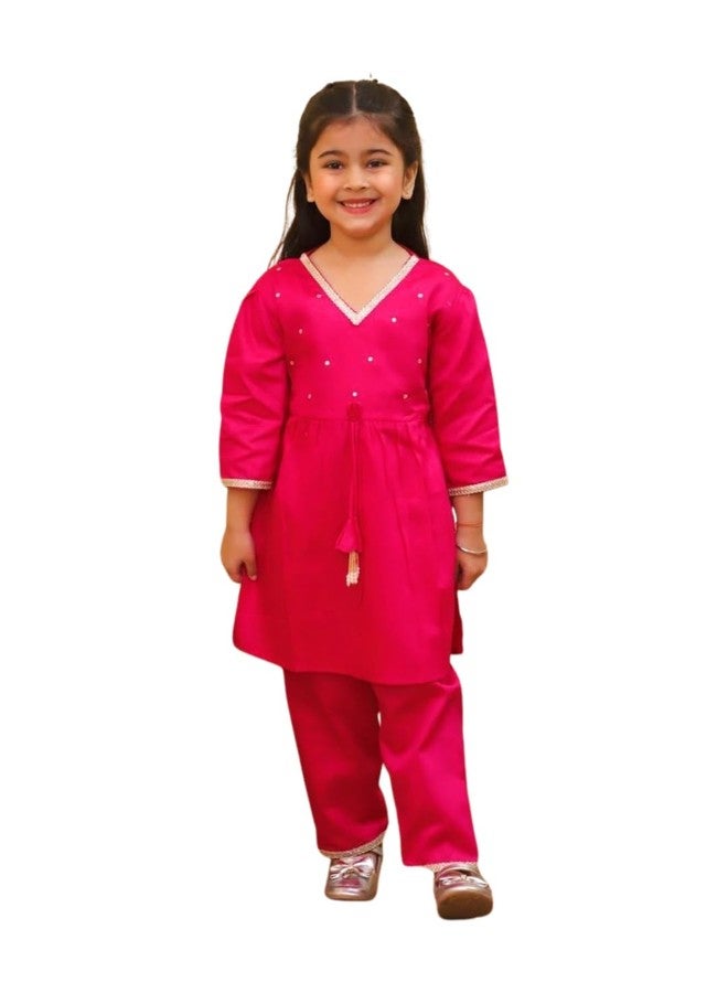 AJ DEZINES Kids Cotton 3/4th Sleeve Pink Kurta Sharara Set for Girls - Ethnic Wear | Festival Wear - Solid Pattern, Regular Fit (G-1165-PINK-18-24M-18) - Image 1