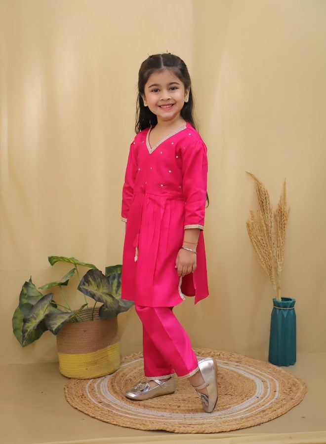 AJ DEZINES Kids Cotton 3/4th Sleeve Pink Kurta Sharara Set for Girls - Ethnic Wear | Festival Wear - Solid Pattern, Regular Fit (G-1165-PINK-18-24M-18) - Image 4