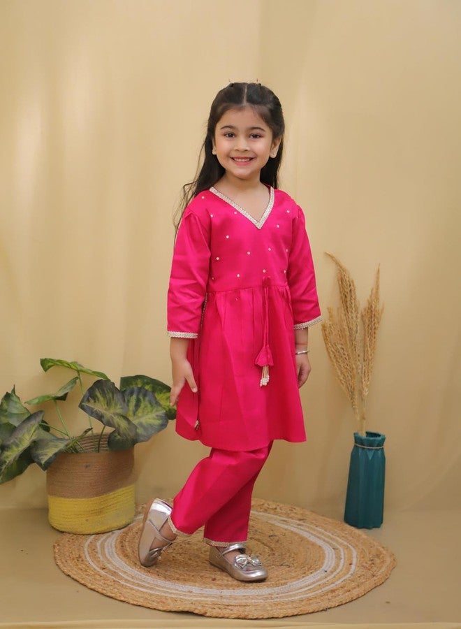 AJ DEZINES Kids Cotton 3/4th Sleeve Pink Kurta Sharara Set for Girls - Ethnic Wear | Festival Wear - Solid Pattern, Regular Fit (G-1165-PINK-18-24M-18) - Image 5