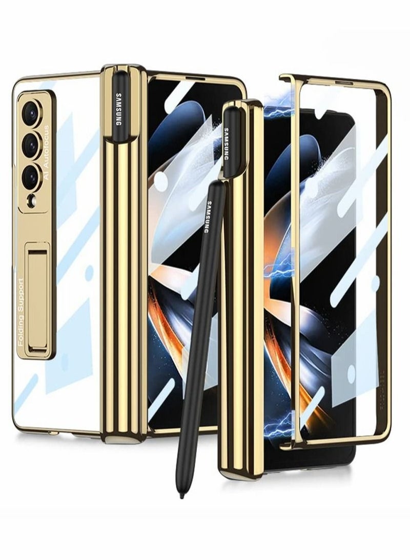 Captaintech Phone Case for Samsung Galaxy Z Fold 4 Magnetic Hinge Protection with Holder Transparent Plating PC Crystal Cover Front Glass All-Inclusive Gold S Pen - Image 1