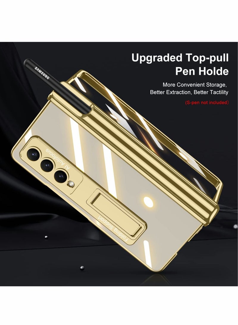 Captaintech Phone Case for Samsung Galaxy Z Fold 4 Magnetic Hinge Protection with Holder Transparent Plating PC Crystal Cover Front Glass All-Inclusive Gold S Pen - Image 4