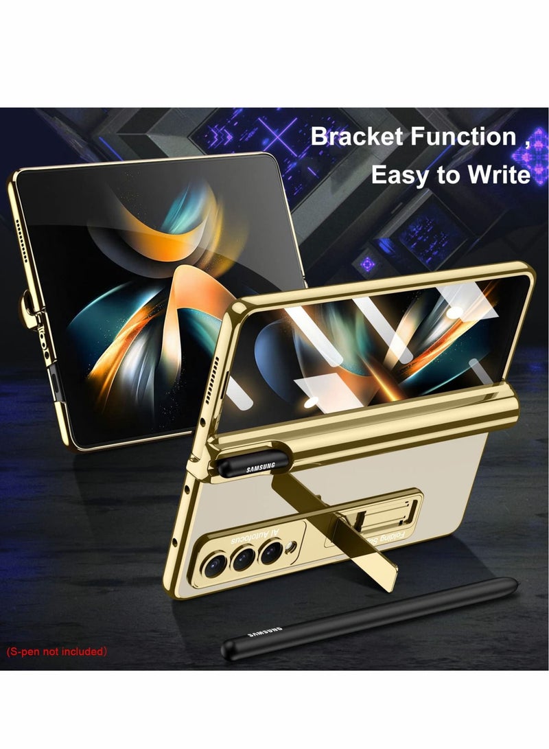 Captaintech Phone Case for Samsung Galaxy Z Fold 4 Magnetic Hinge Protection with Holder Transparent Plating PC Crystal Cover Front Glass All-Inclusive Gold S Pen - Image 5