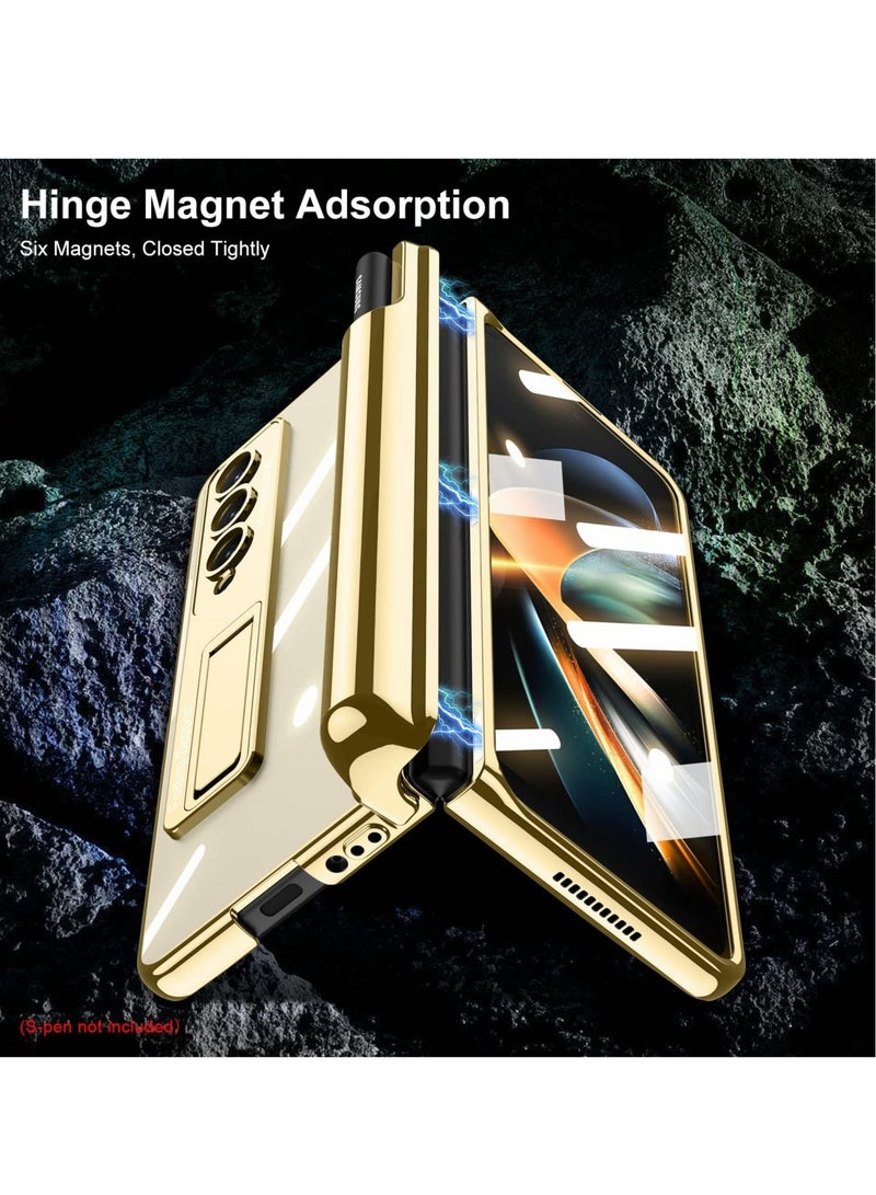 Captaintech Phone Case for Samsung Galaxy Z Fold 4 Magnetic Hinge Protection with Holder Transparent Plating PC Crystal Cover Front Glass All-Inclusive Gold S Pen - Image 3