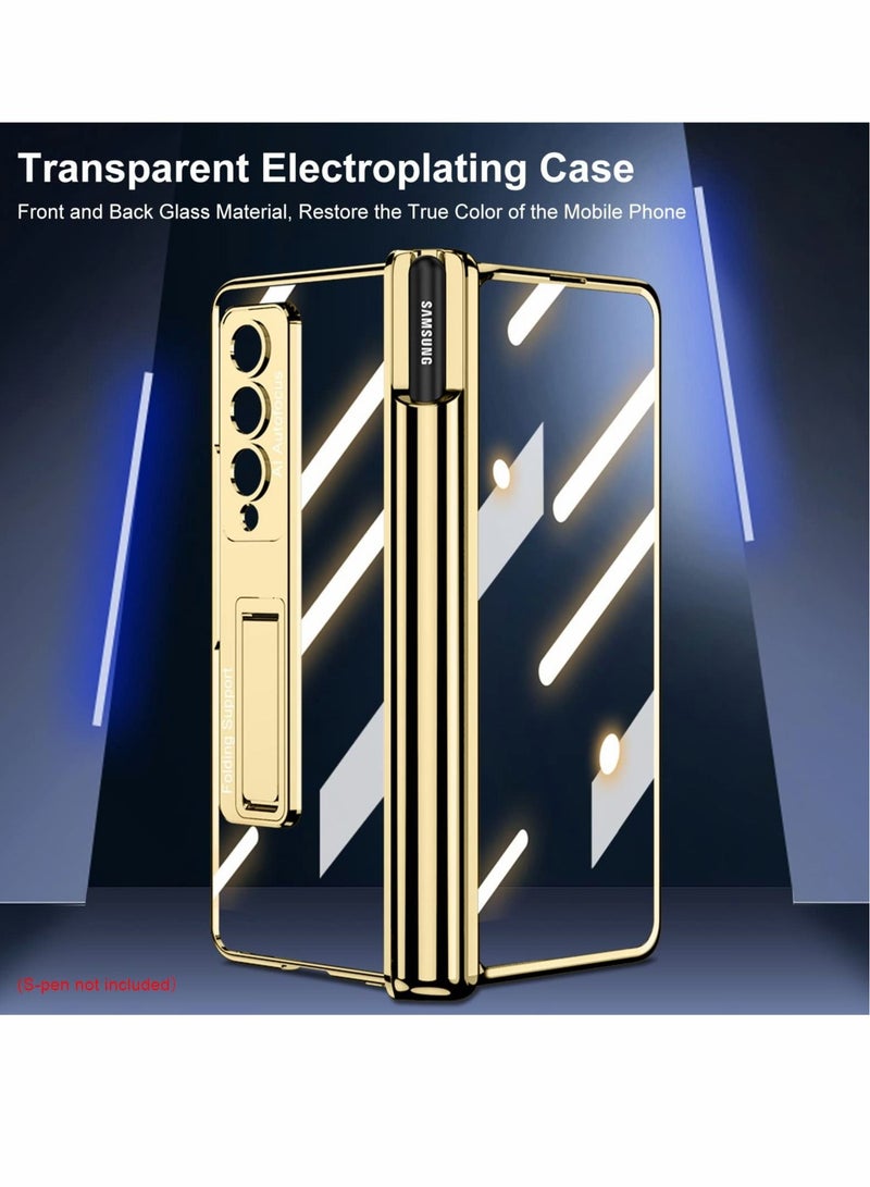 Captaintech Phone Case for Samsung Galaxy Z Fold 4 Magnetic Hinge Protection with Holder Transparent Plating PC Crystal Cover Front Glass All-Inclusive Gold S Pen - Image 2