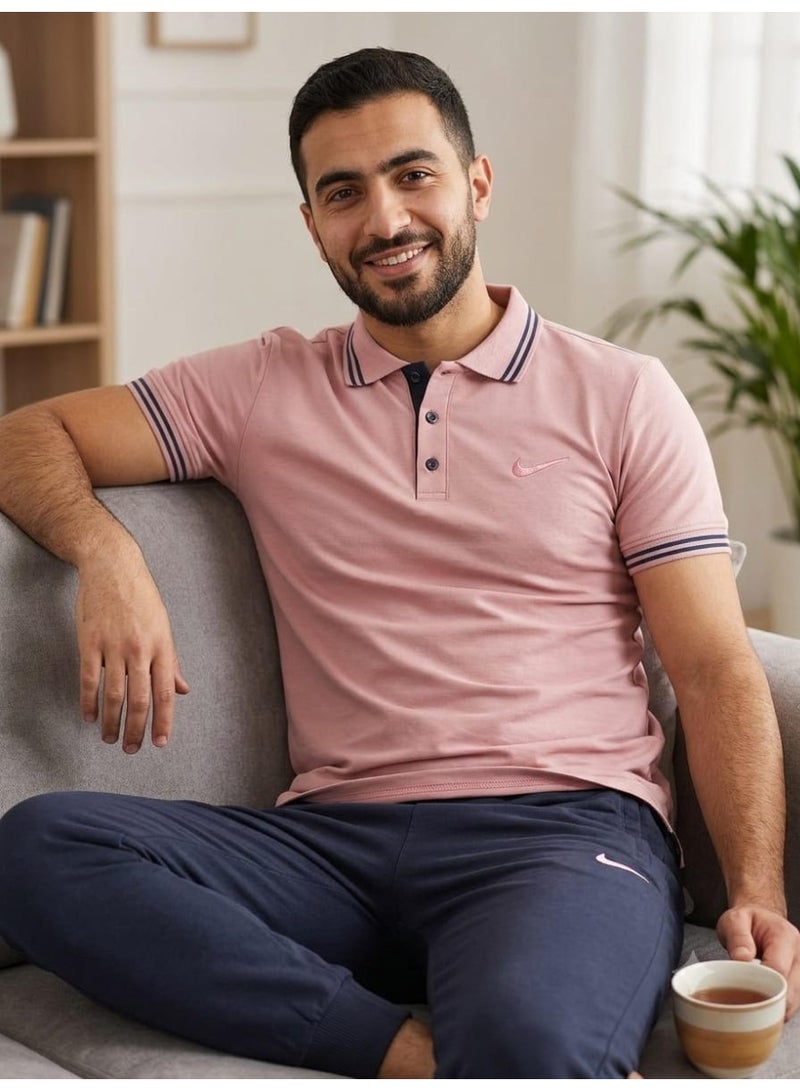 طقم رجالي قميص بولو وبنطلون رياضي - مقاس ميديام