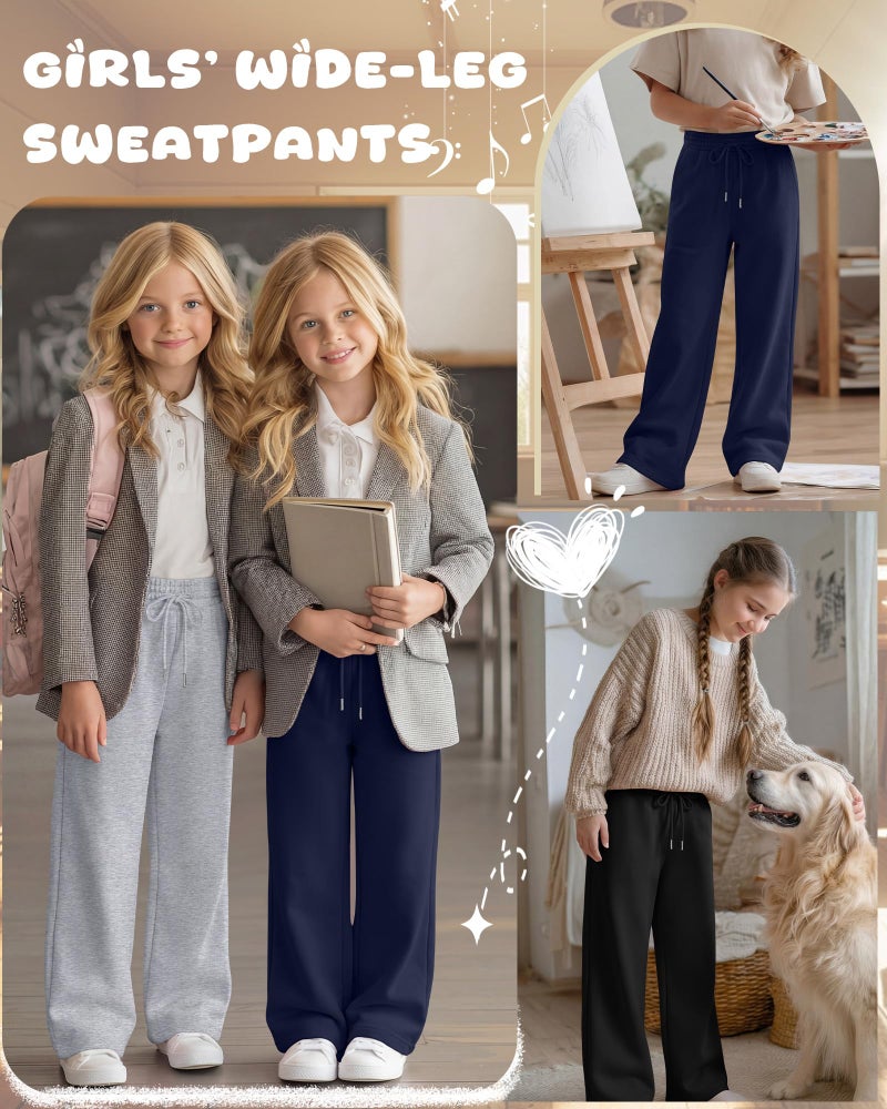 LessonZoo Teen Girls Sweatpants Wide Leg Drawstring Baggy Pants Straight Leg Athletic Trousers with Pockets Size 5-14(Navy Blue, Light Heather Gray, Black,5-6 Years) - Image 2