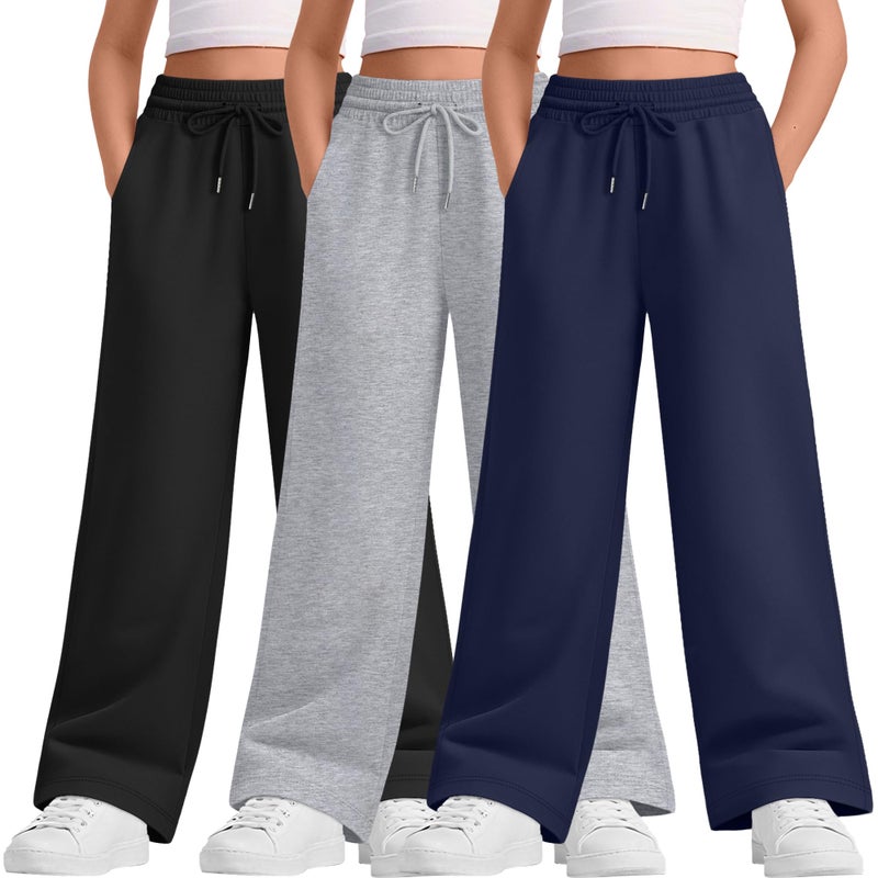 LessonZoo Teen Girls Sweatpants Wide Leg Drawstring Baggy Pants Straight Leg Athletic Trousers with Pockets Size 5-14(Navy Blue, Light Heather Gray, Black,5-6 Years) - Image 1