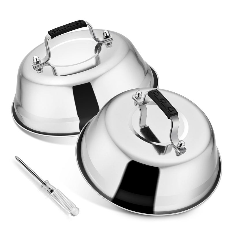 Herogo Cheese Melting Dome 2 Pieces Stainless Steel Burger Cover with Plastic Handle Burger Bell for BBQ Kitchen Steak Cheese Grill  Teppanyaki Durable  Dishwasher Safe 17 x 6 cm