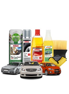 SONAX SONAX Premium Cleaning and Maintenance Products for Vehicle 6 pcs ,Air Aid Air Conditioner Cleaner Tyre Care Foam Gloss Shampoo Windscreen Wash Cleaning Brushes and Cloths  - Image 1